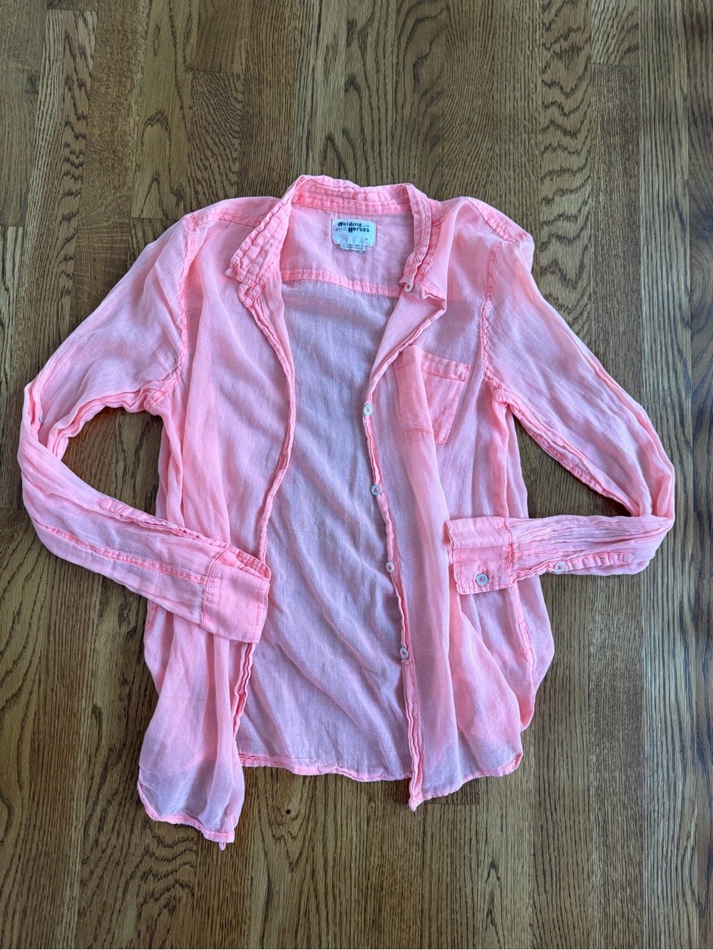 Holding Horses Sheer Neon Peach Pink Button Down